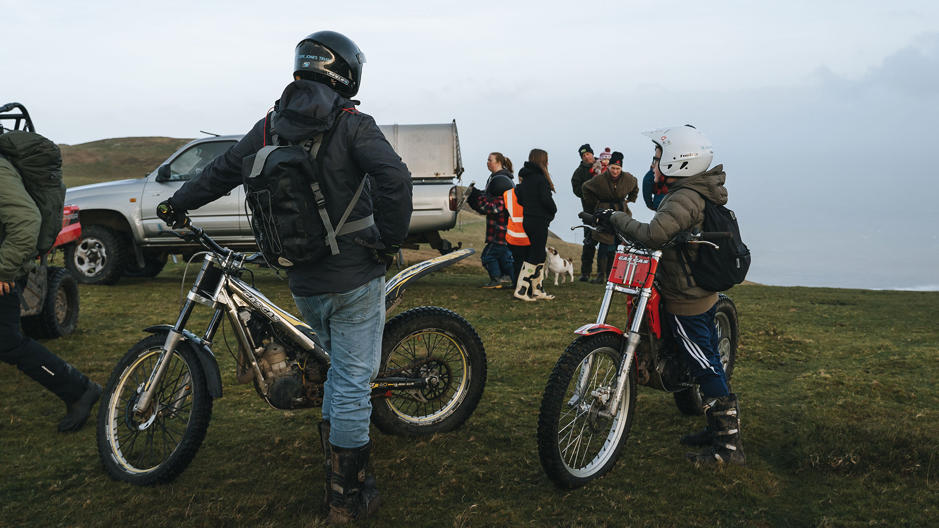 Young farmers on their motorbikes taking part in the Carneddau Pony gathering